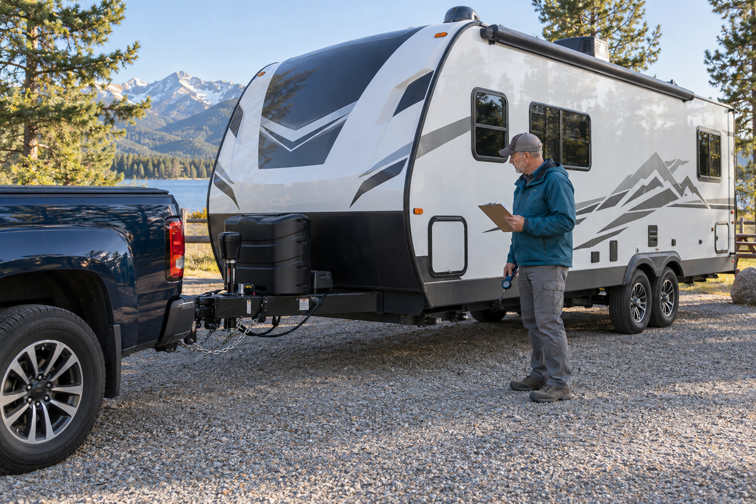 RV owner completing a pre-trip inspection beside a truck and travel trailer