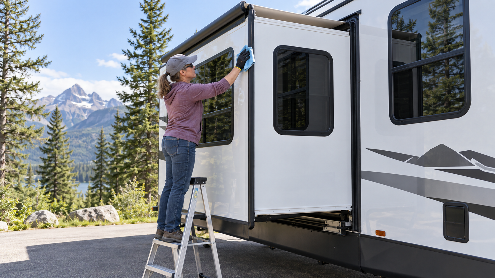RV owner inspecting and cleaning the upper seal on an extended slide-out