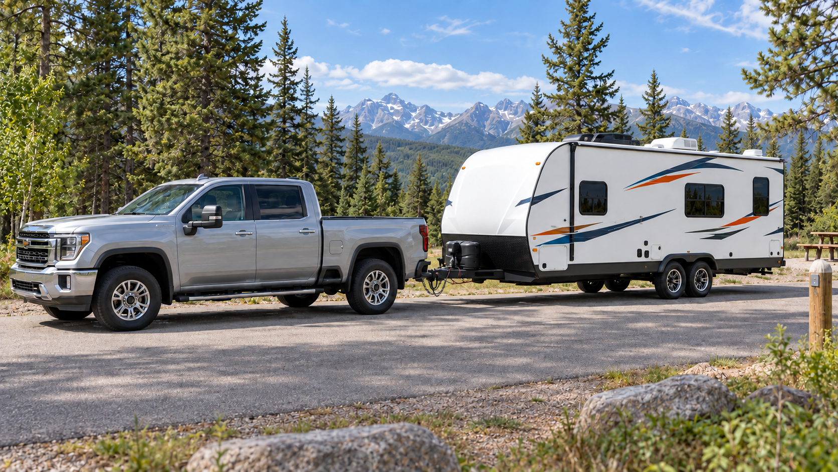 RV owner checking the hitch connection between a pickup truck and travel trailer before towing